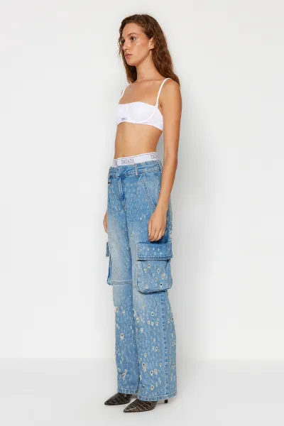 Trendyol X Sagaza Studio modrý elastický detail a na sebe džínsy