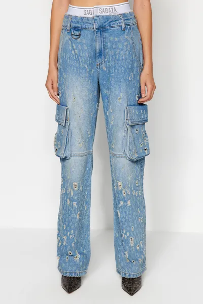 Trendyol X Sagaza Studio modrý elastický detail a na sebe džínsy