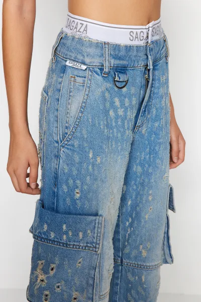 Trendyol X Sagaza Studio modrý elastický detail a na sebe džínsy
