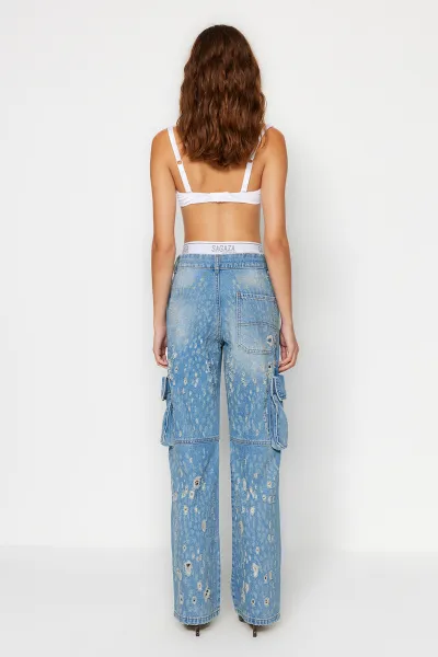 Trendyol X Sagaza Studio modrý elastický detail a na sebe džínsy