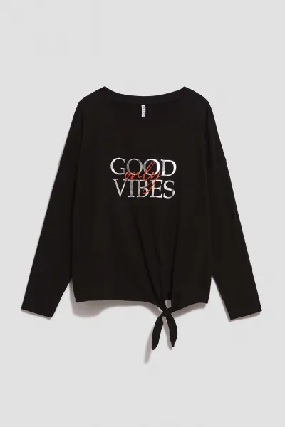 Marisse Black Blouse With An Inscription And Ties