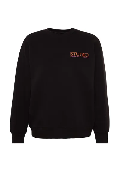 Trendyol Black Back Print Detailed Thick Inside Fleece Regular Fit Slit Knitted Sweatshirt