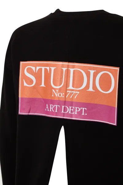 Trendyol Black Back Print Detailed Thick Inside Fleece Regular Fit Slit Knitted Sweatshirt
