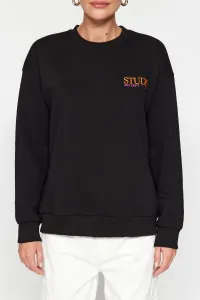 Trendyol Black Back Print Detailed Thick Inside Fleece Regular Fit Slit Knitted Sweatshirt