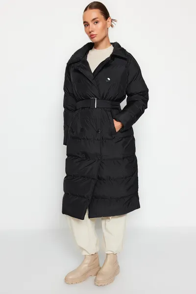 Trendyol Black Belted vodoodpudivý dlhý nafukovací kabát