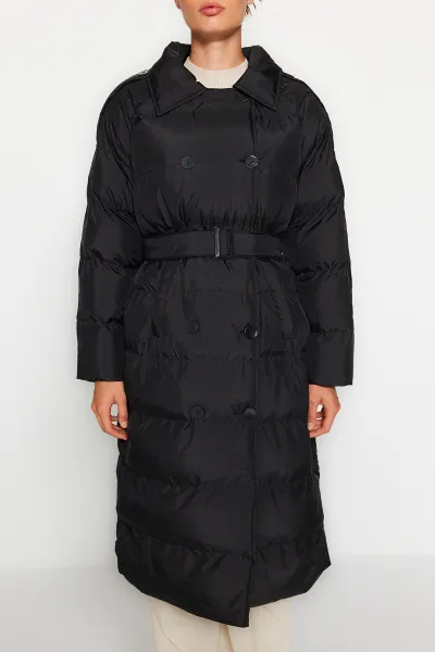 Trendyol Black Belted vodoodpudivý dlhý nafukovací kabát