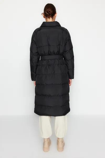 Trendyol Black Belted vodoodpudivý dlhý nafukovací kabát