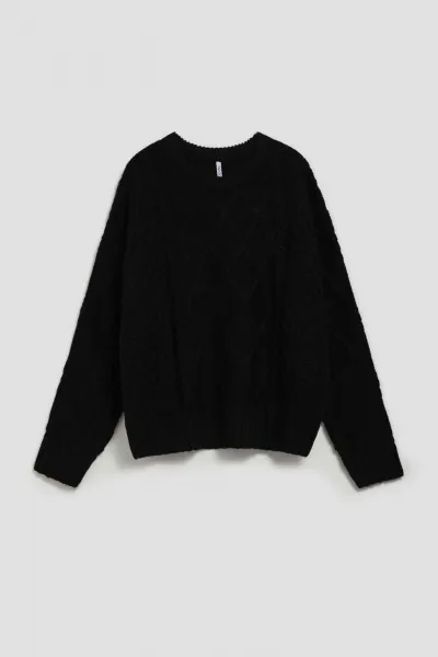 Marisse Black Long Sleeve Sweater With Decorative Weave