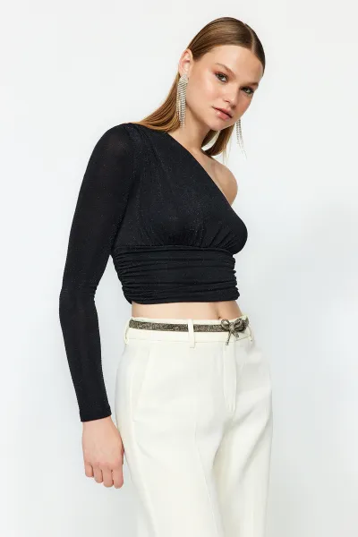 Trendyol Čierny Trblietavý Strieborný Pletený Bustier
