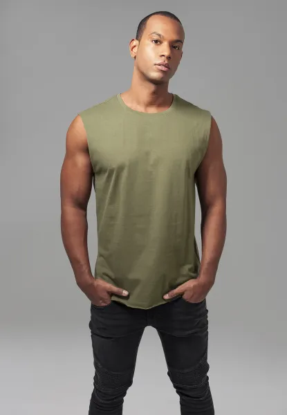 Olive sleeveless T-shirt with open hem