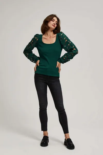 Marisse Emerald Blouse With Lace Sleeves
