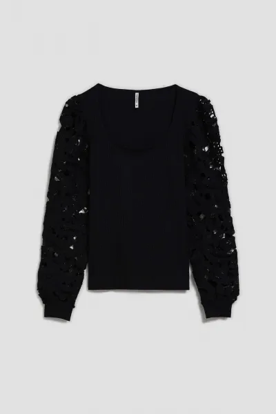 Marisse Black Blouse With Lace Sleeves