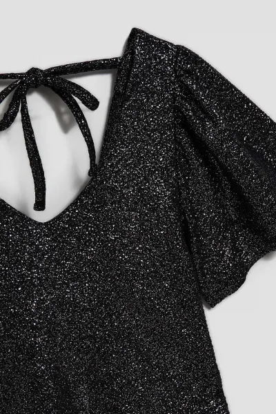 Marisse Black V-Neck Blouse With Puffed Short Sleeves