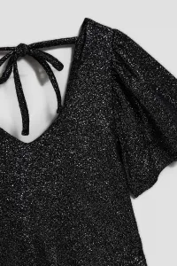 Marisse Black V-Neck Blouse With Puffed Short Sleeves