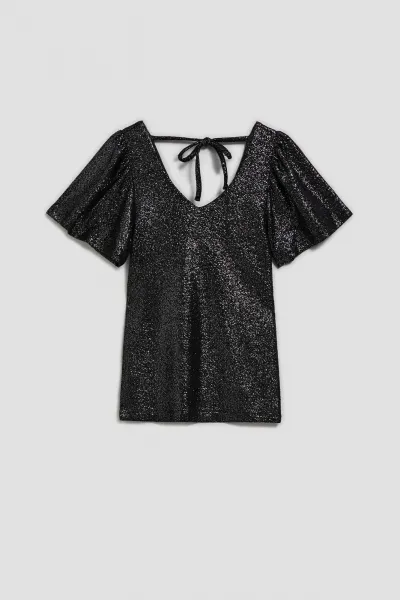 Marisse Black V-Neck Blouse With Puffed Short Sleeves