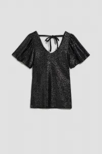 Marisse Black V-Neck Blouse With Puffed Short Sleeves