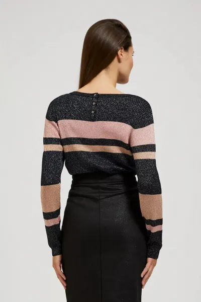 Marisse Black Striped Sweater With Metallic Thread And Round Neckline