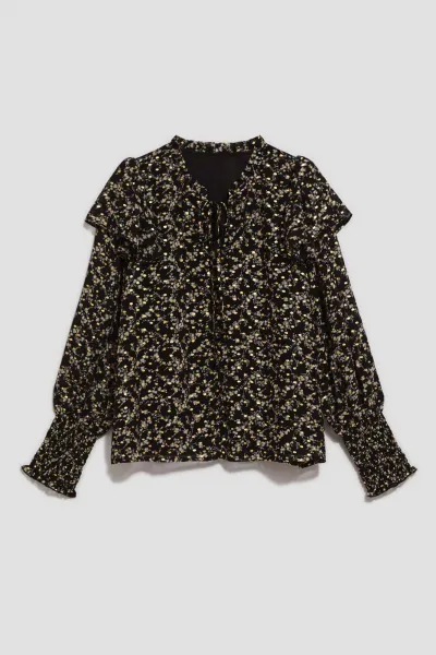 Marisse Patterned Shirt With A Tie At The Neckline, Black