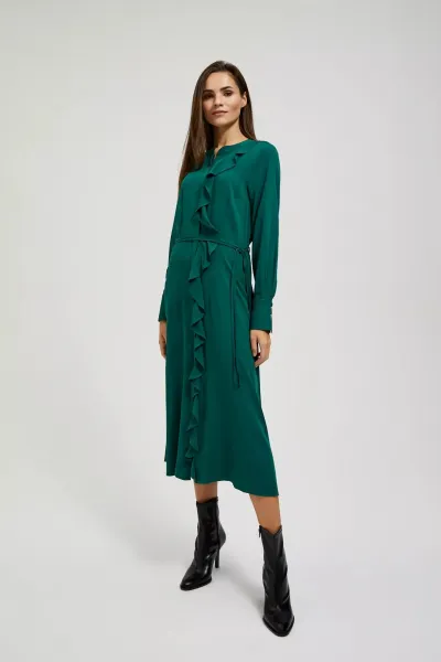 Marisse Emerald Midi Dress With Ruffles
