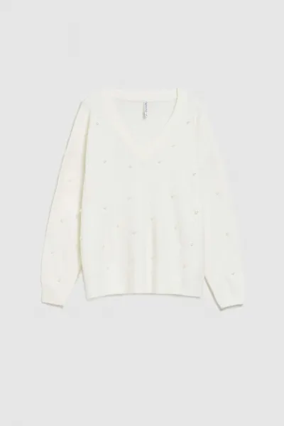 Marisse Pearl Beaded V-Neck Sweater