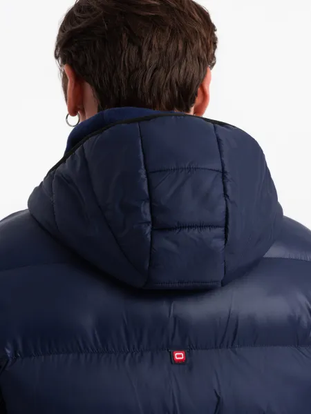 Ombre Men's winter quilted jacket of combined materials - navy blue