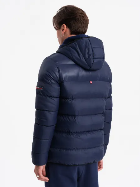 Ombre Men's winter quilted jacket of combined materials - navy blue
