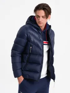 Ombre Men's winter quilted jacket of combined materials - navy blue