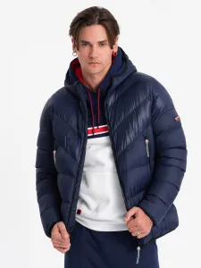 Ombre Men's winter quilted jacket of combined materials - navy blue
