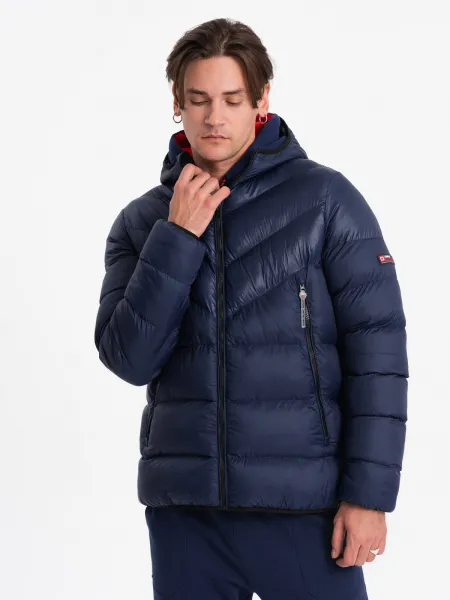 Ombre Men's winter quilted jacket of combined materials - navy blue