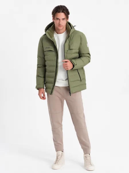 Ombre Men's winter jacket with detachable hood - olive
