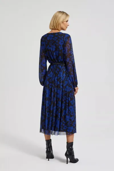 Marisse Blue Floral Print Dress With Belt