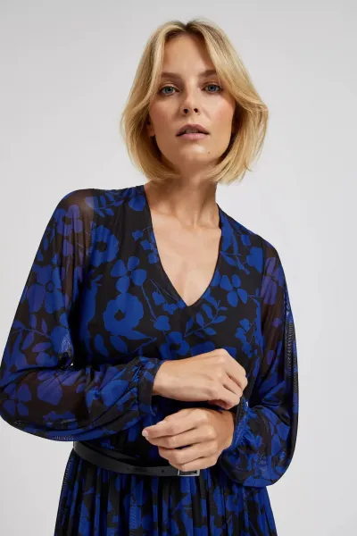 Marisse Blue Floral Print Dress With Belt