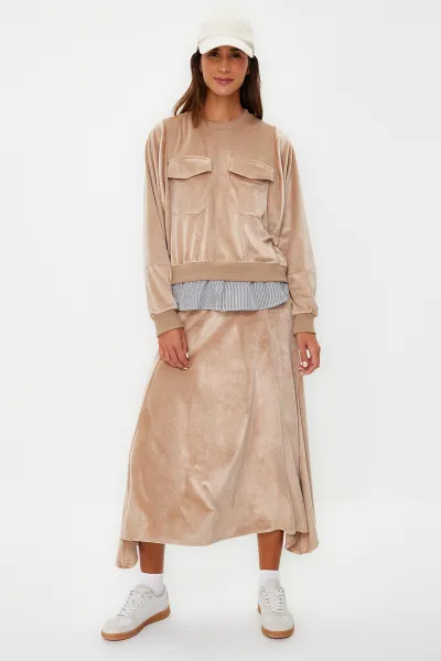 Trendyol Light Brown Velvet Undershirt Compression Detailed Knitted Skirt Two Piece Set