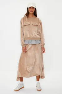 Trendyol Light Brown Velvet Undershirt Compression Detailed Knitted Skirt Two Piece Set