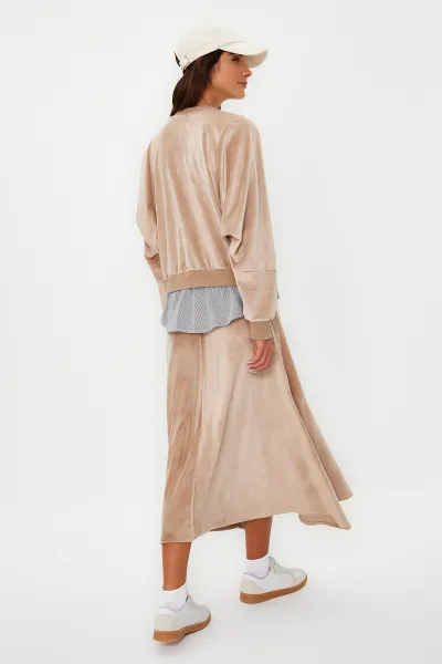 Trendyol Light Brown Velvet Undershirt Compression Detailed Knitted Skirt Two Piece Set