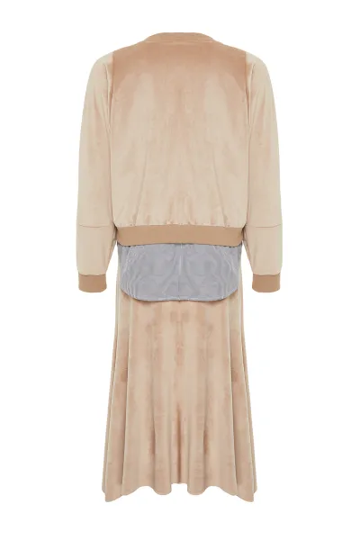 Trendyol Light Brown Velvet Undershirt Compression Detailed Knitted Skirt Two Piece Set