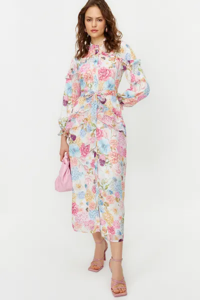 Trendyol Lilac Floral Ruffle Detail Lined Woven Chiffon Dress