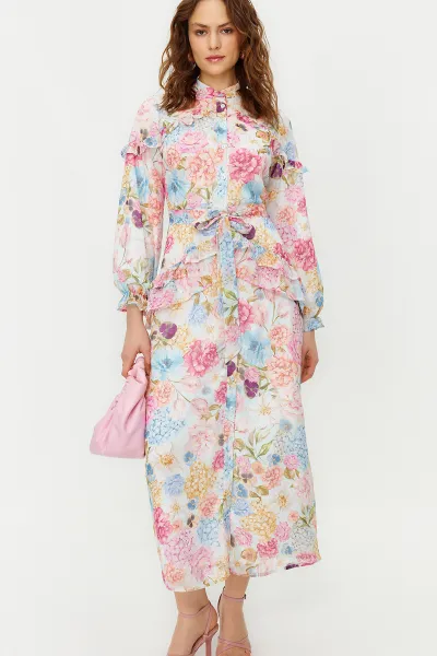 Trendyol Lilac Floral Ruffle Detail Lined Woven Chiffon Dress