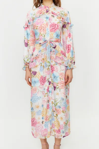 Trendyol Lilac Floral Ruffle Detail Lined Woven Chiffon Dress