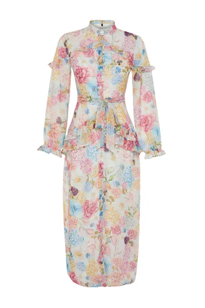 Trendyol Lilac Floral Ruffle Detail Lined Woven Chiffon Dress