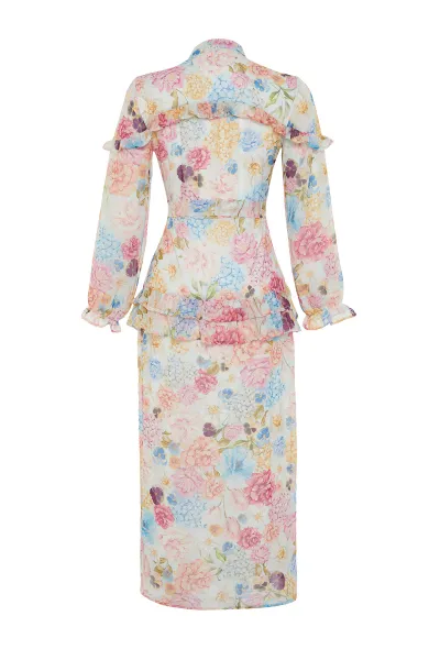 Trendyol Lilac Floral Ruffle Detail Lined Woven Chiffon Dress