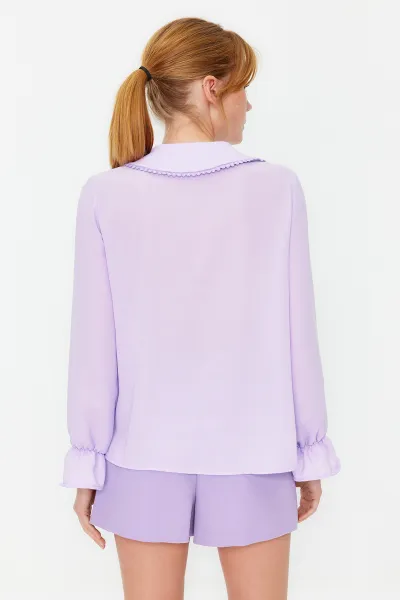 Trendyol Lilac Baby Collar Pompom Detailed Regular Normal Fit Woven Shirt