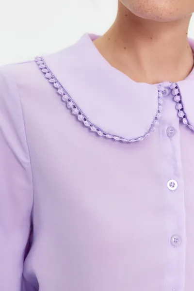 Trendyol Lilac Baby Collar Pompom Detailed Regular Normal Fit Woven Shirt