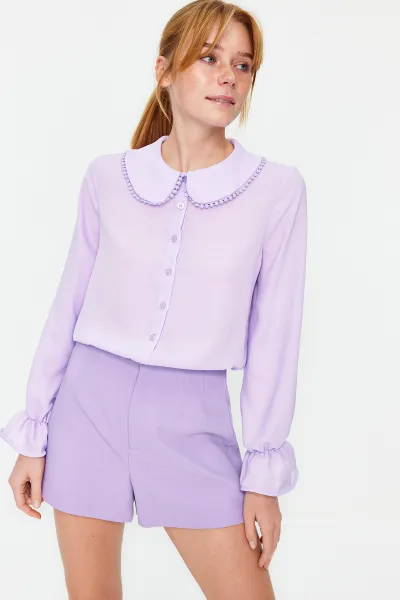 Trendyol Lilac Baby Collar Pompom Detailed Regular Normal Fit Woven Shirt