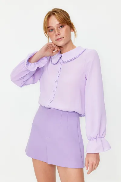 Trendyol Lilac Baby Collar Pompom Detailed Regular Normal Fit Woven Shirt