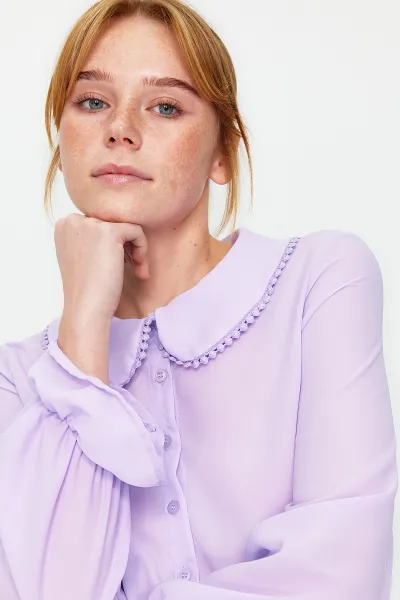 Trendyol Lilac Baby Collar Pompom Detailed Regular Normal Fit Woven Shirt
