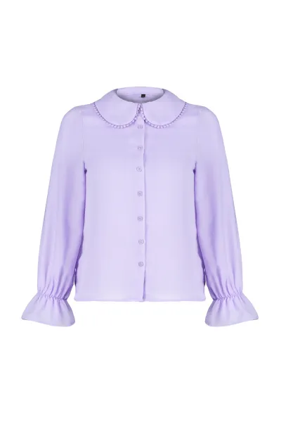 Trendyol Lilac Baby Collar Pompom Detailed Regular Normal Fit Woven Shirt