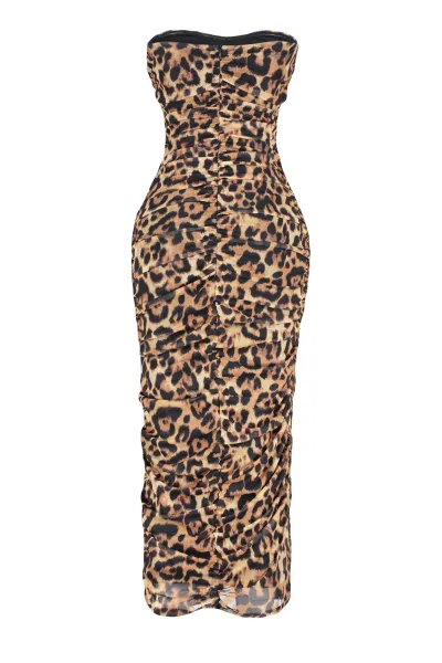 Trendyol Multicolored Fitted Leopard Patterned Draped Knitted Tulle Elegant Evening Dress