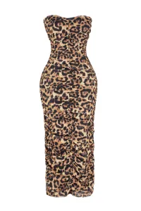 Trendyol Multicolored Fitted Leopard Patterned Draped Knitted Tulle Elegant Evening Dress