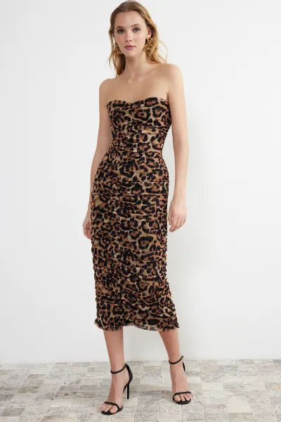 Trendyol Multicolored Fitted Leopard Patterned Draped Knitted Tulle Elegant Evening Dress